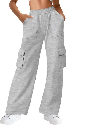 Women's Cargo Sweatpants with Pockets, High Waist Wide Leg Hiking Pants Casual Baggy Athletic Joggers Winter Fall