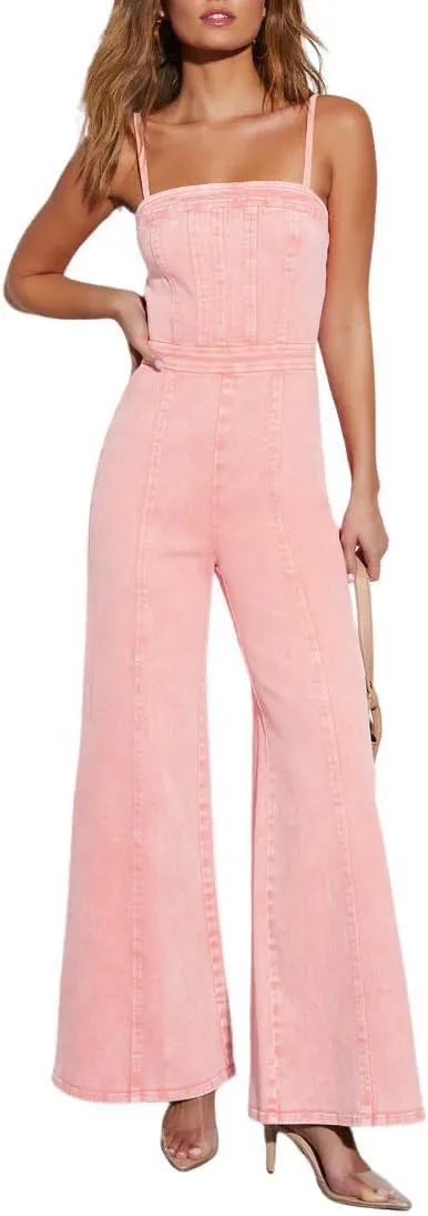 Women's Casual Denim Jumpsuit Sleeveless Adjustable Strap Stretchy Flare Jeans Long Pants Rompers