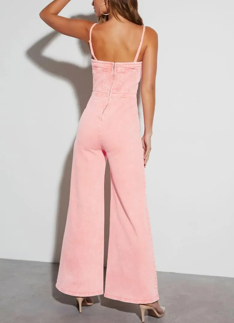 Women's Casual Denim Jumpsuit Sleeveless Adjustable Strap Stretchy Flare Jeans Long Pants Rompers