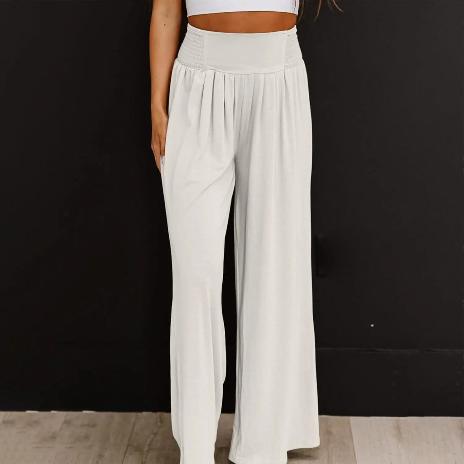 Women's Casual High Waist Elastic Cotton Linen Pants Summer Wide Leg with Pockets Trousers
