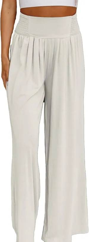 Women's Casual High Waist Elastic Cotton Linen Pants Summer Wide Leg with Pockets Trousers