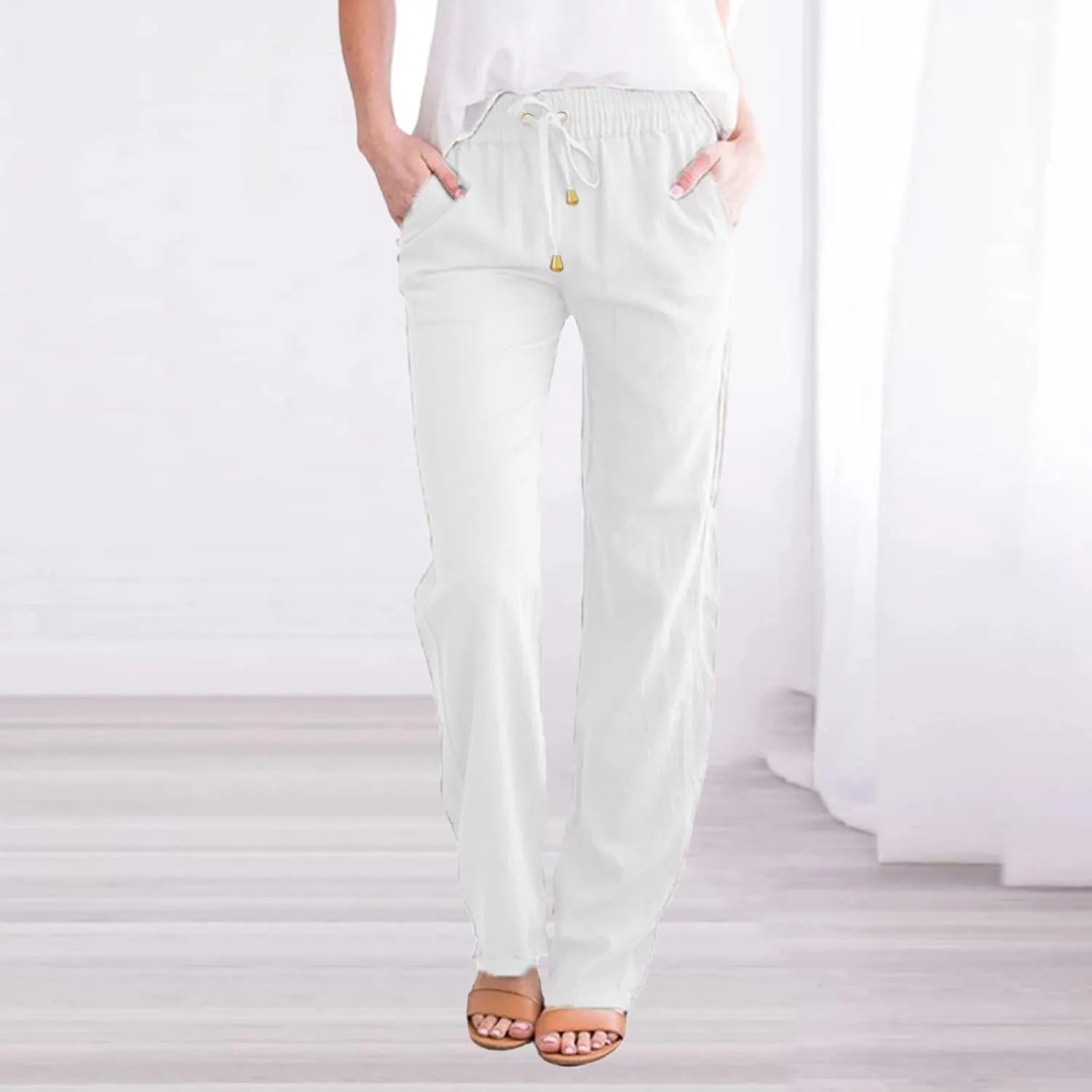 Womens Casual Linen High Waist Pants Drawstring Loose Fit Lightweight Summer Pants Trousers with Side Pockets