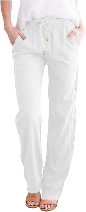 Womens Casual Linen High Waist Pants Drawstring Loose Fit Lightweight Summer Pants Trousers with Side Pockets