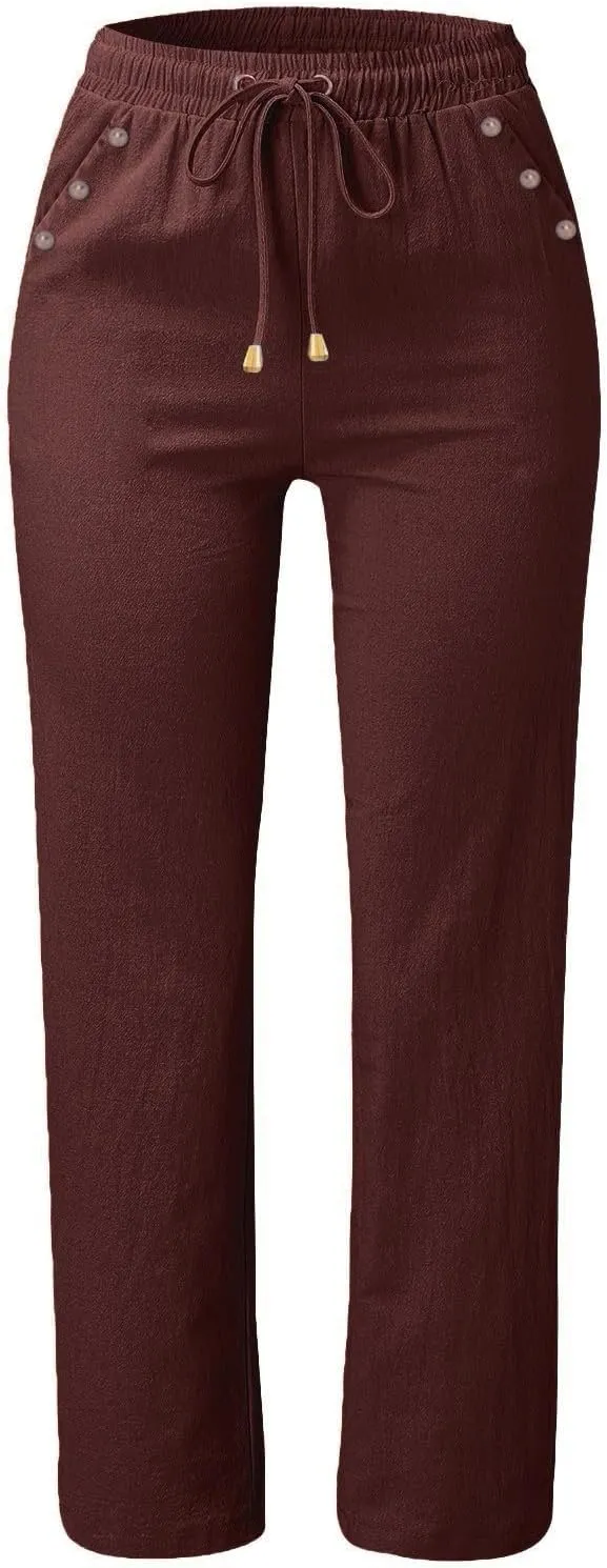 Womens Casual Linen High Waist Pants Drawstring Loose Fit Summer Pants Trousers with Side Button Pockets