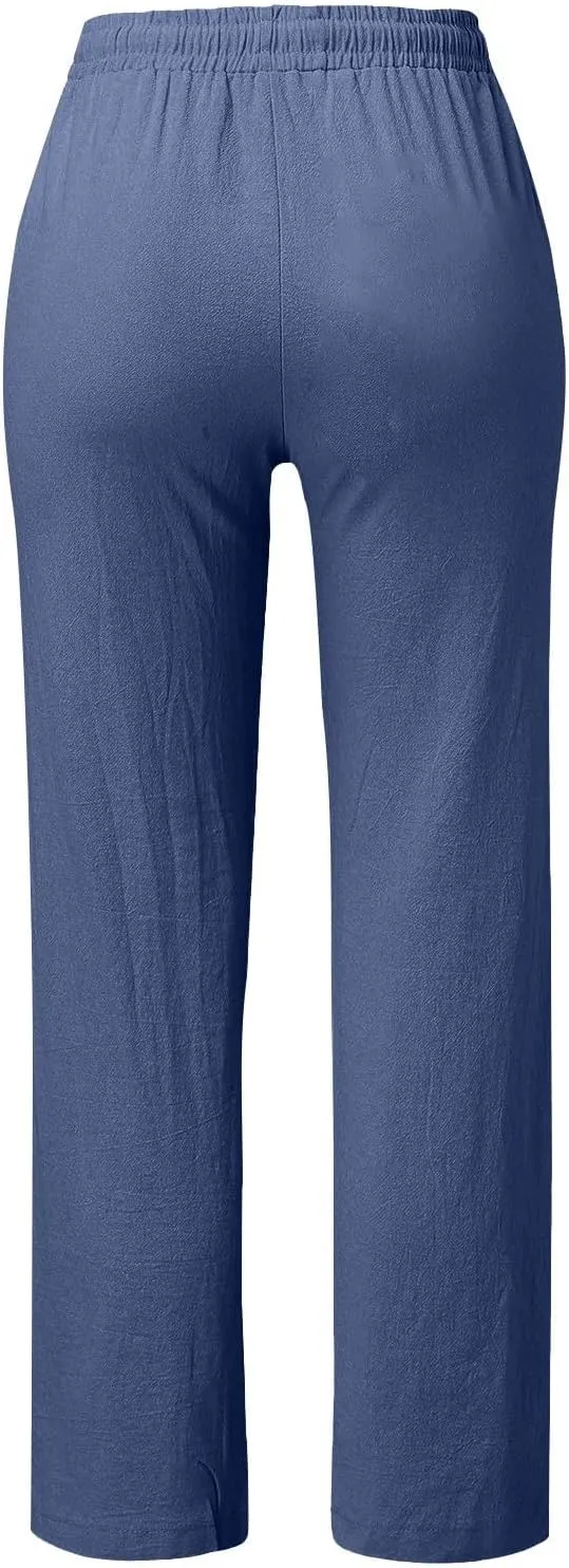 Womens Casual Linen High Waist Pants Drawstring Loose Fit Summer Pants Trousers with Side Button Pockets