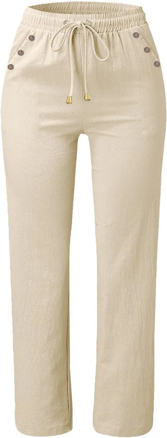 Womens Casual Linen High Waist Pants Drawstring Loose Fit Summer Pants Trousers with Side Button Pockets