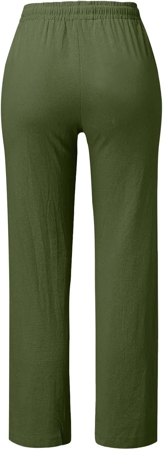 Womens Casual Linen High Waist Pants Drawstring Loose Fit Summer Pants Trousers with Side Button Pockets