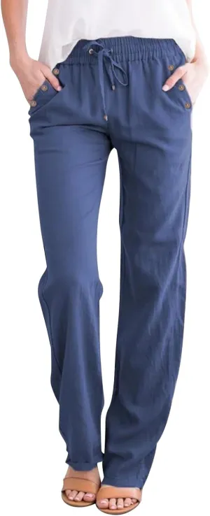 Womens Casual Linen High Waist Pants Drawstring Loose Fit Summer Pants Trousers with Side Button Pockets