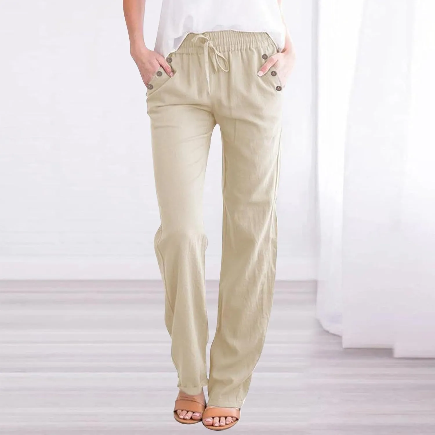 Womens Casual Linen High Waist Pants Drawstring Loose Fit Summer Pants Trousers with Side Button Pockets