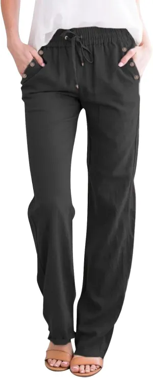 Womens Casual Linen High Waist Pants Drawstring Loose Fit Summer Pants Trousers with Side Button Pockets