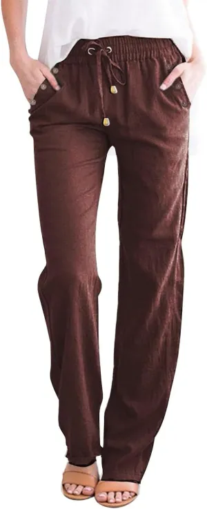 Womens Casual Linen High Waist Pants Drawstring Loose Fit Summer Pants Trousers with Side Button Pockets