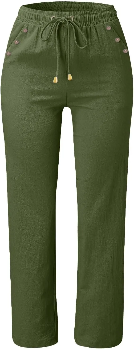 Womens Casual Linen High Waist Pants Drawstring Loose Fit Summer Pants Trousers with Side Button Pockets