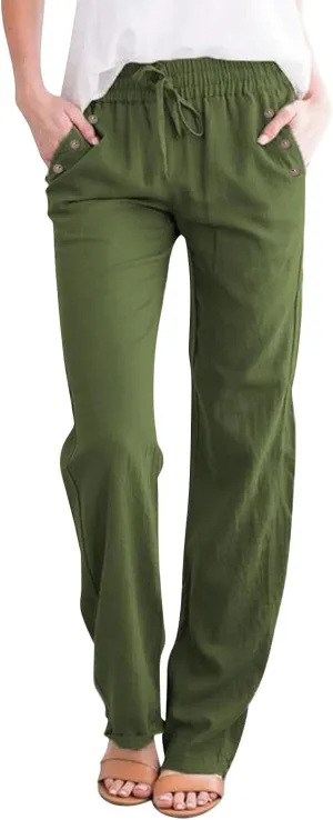 Womens Casual Linen High Waist Pants Drawstring Loose Fit Summer Pants Trousers with Side Button Pockets