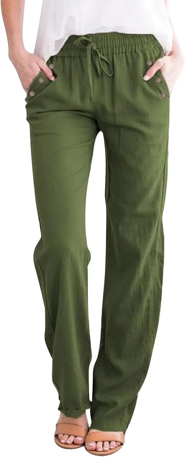 Womens Casual Linen High Waist Pants Drawstring Loose Fit Summer Pants Trousers with Side Button Pockets