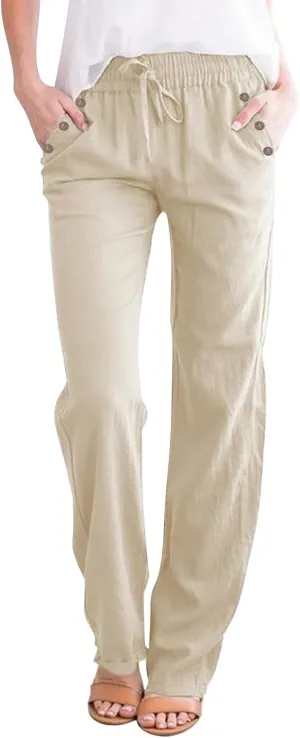 Womens Casual Linen High Waist Pants Drawstring Loose Fit Summer Pants Trousers with Side Button Pockets