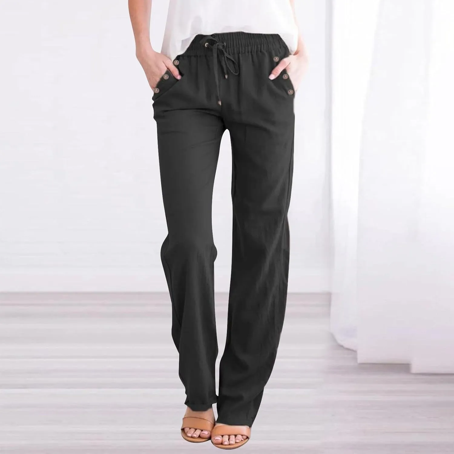 Womens Casual Linen High Waist Pants Drawstring Loose Fit Summer Pants Trousers with Side Button Pockets