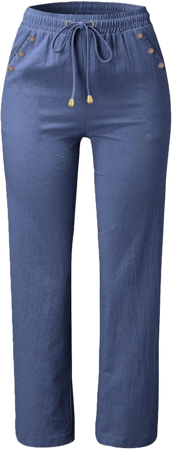 Womens Casual Linen High Waist Pants Drawstring Loose Fit Summer Pants Trousers with Side Button Pockets