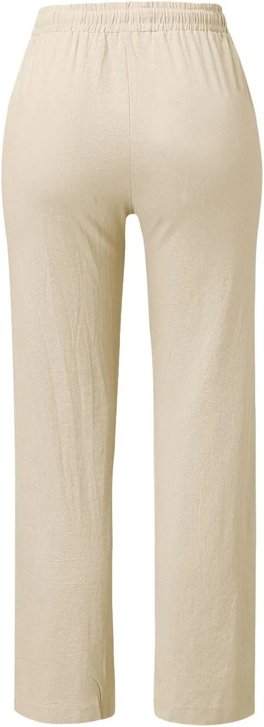 Womens Casual Linen High Waist Pants Drawstring Loose Fit Summer Pants Trousers with Side Button Pockets