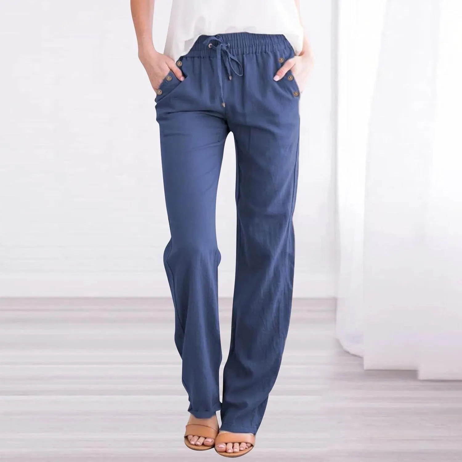 Womens Casual Linen High Waist Pants Drawstring Loose Fit Summer Pants Trousers with Side Button Pockets