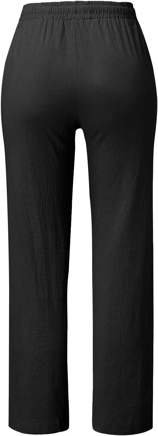 Womens Casual Linen High Waist Pants Drawstring Loose Fit Summer Pants Trousers with Side Button Pockets