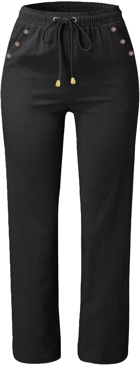Womens Casual Linen High Waist Pants Drawstring Loose Fit Summer Pants Trousers with Side Button Pockets