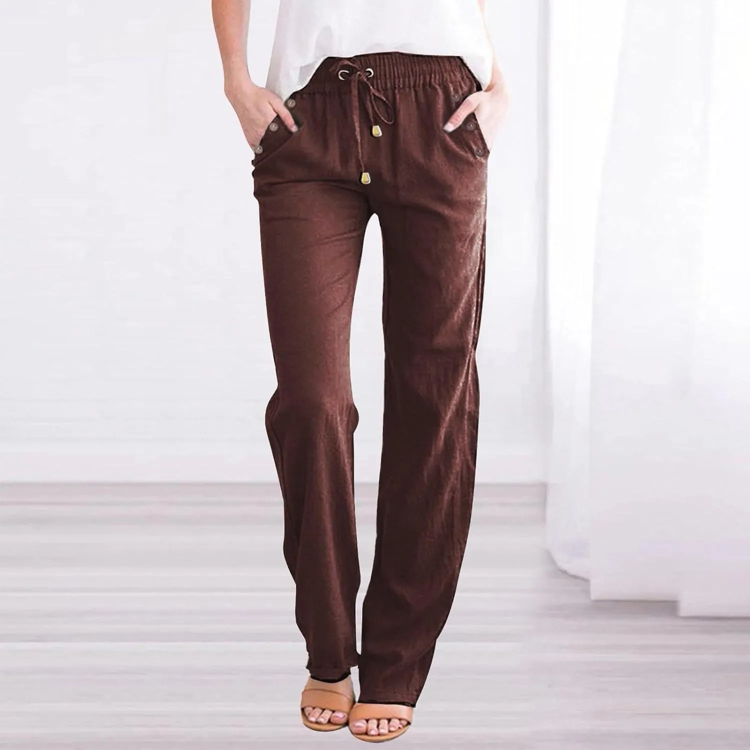 Womens Casual Linen High Waist Pants Drawstring Loose Fit Summer Pants Trousers with Side Button Pockets
