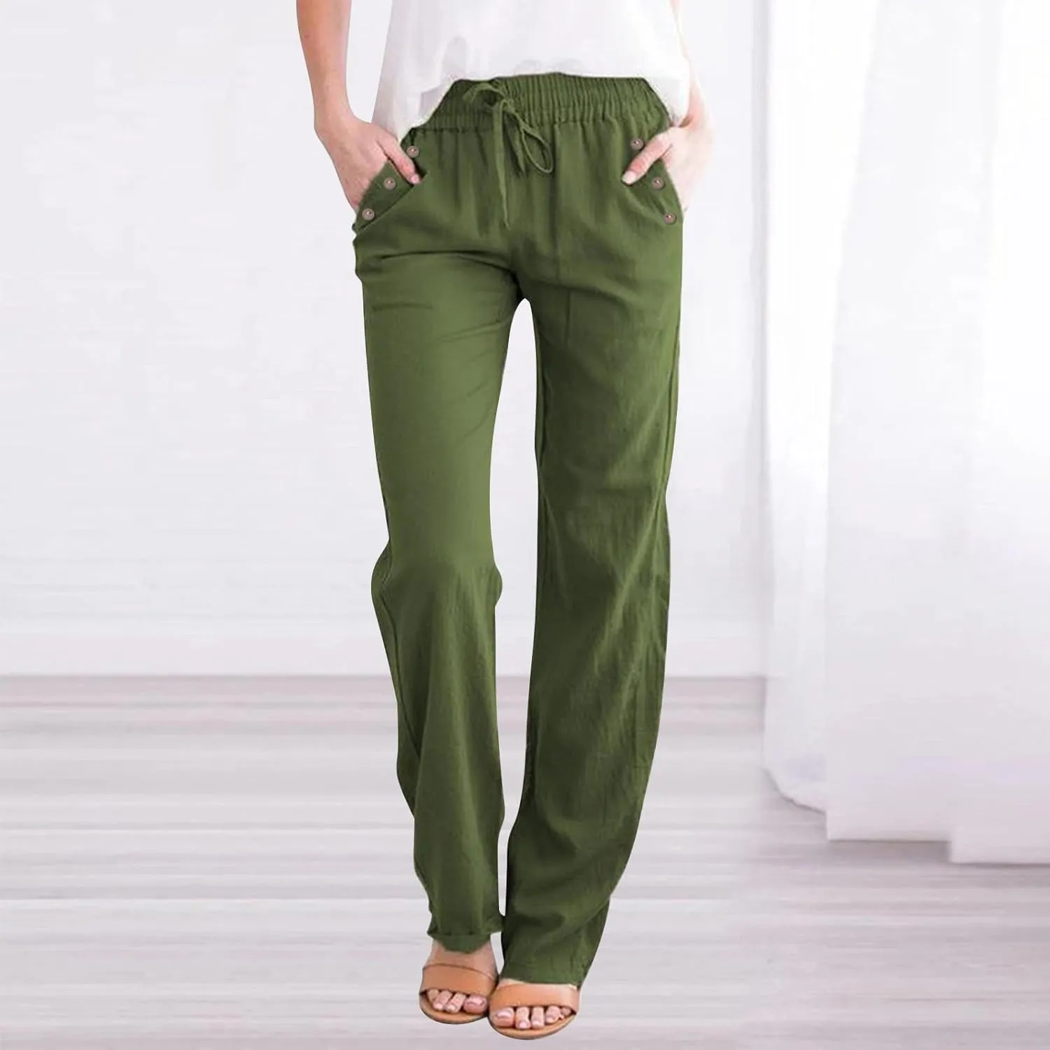 Womens Casual Linen High Waist Pants Drawstring Loose Fit Summer Pants Trousers with Side Button Pockets