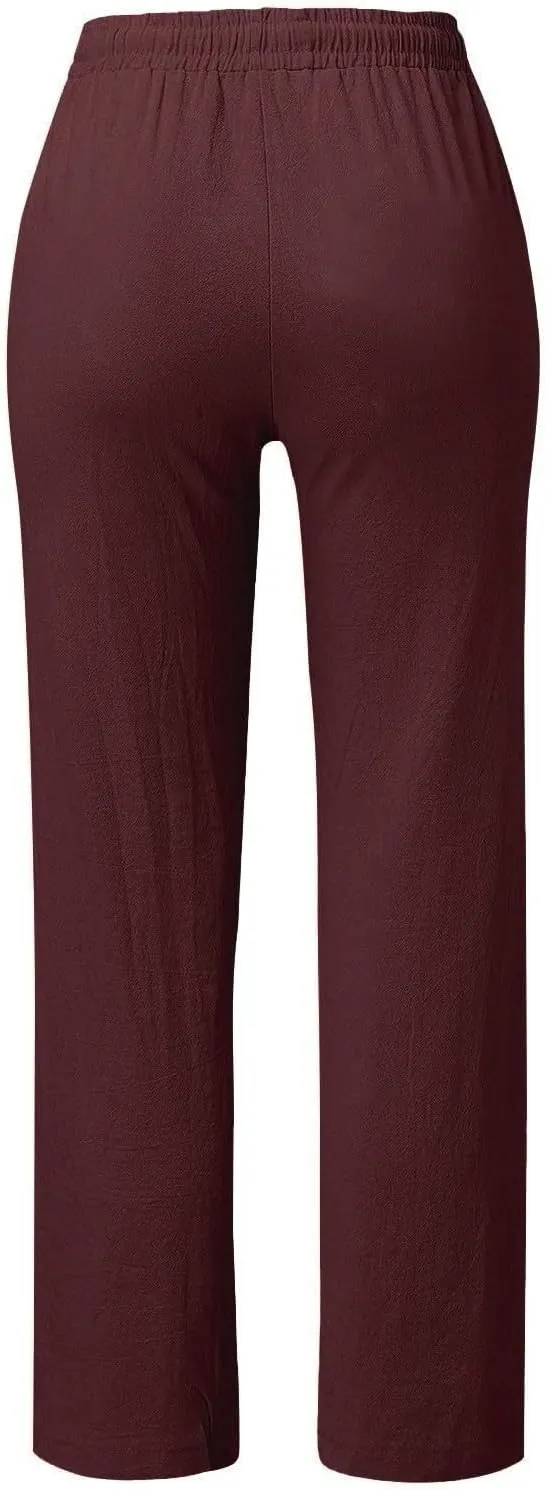 Womens Casual Linen High Waist Pants Drawstring Loose Fit Summer Pants Trousers with Side Button Pockets