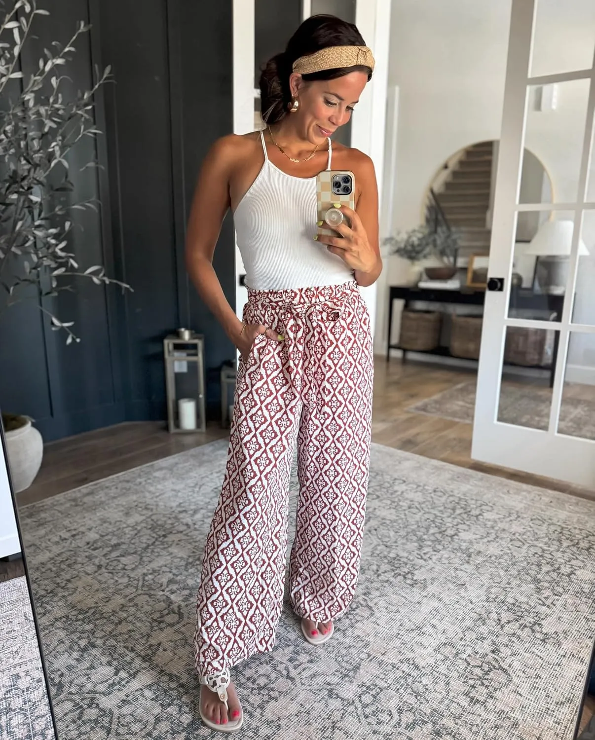 Women's Casual Wide Leg Palazzo Pants High Waist Tie Knot Summer Flowy Beach Work Trousers Lounge Pants with Pockets
