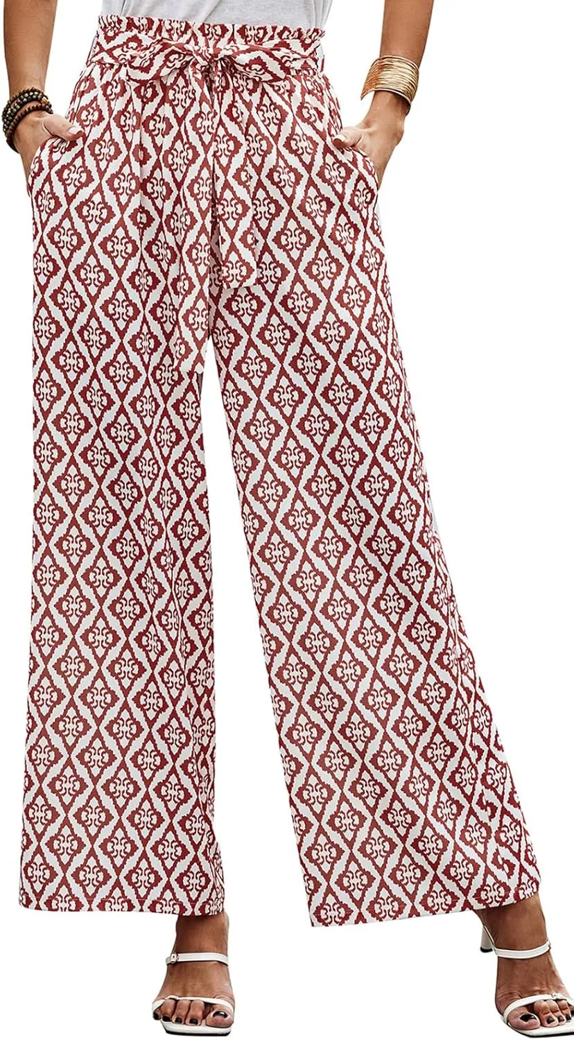 Women's Casual Wide Leg Palazzo Pants High Waist Tie Knot Summer Flowy Beach Work Trousers Lounge Pants with Pockets