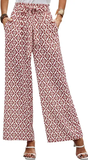 Women's Casual Wide Leg Palazzo Pants High Waist Tie Knot Summer Flowy Beach Work Trousers Lounge Pants with Pockets