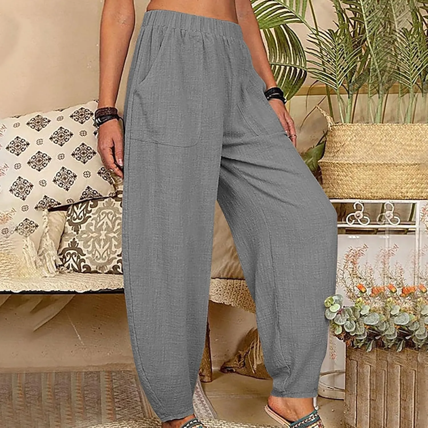 Womens Cotton Linen Harem Pants Lounge Elastic High Waist Trousers Summer Relaxed Fit Pant Solid Comfy Pockets Pants