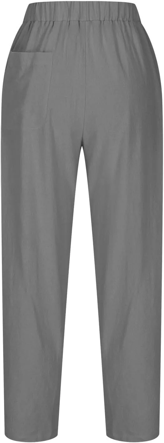 Womens Cotton Linen Harem Pants Lounge Elastic High Waist Trousers Summer Relaxed Fit Pant Solid Comfy Pockets Pants