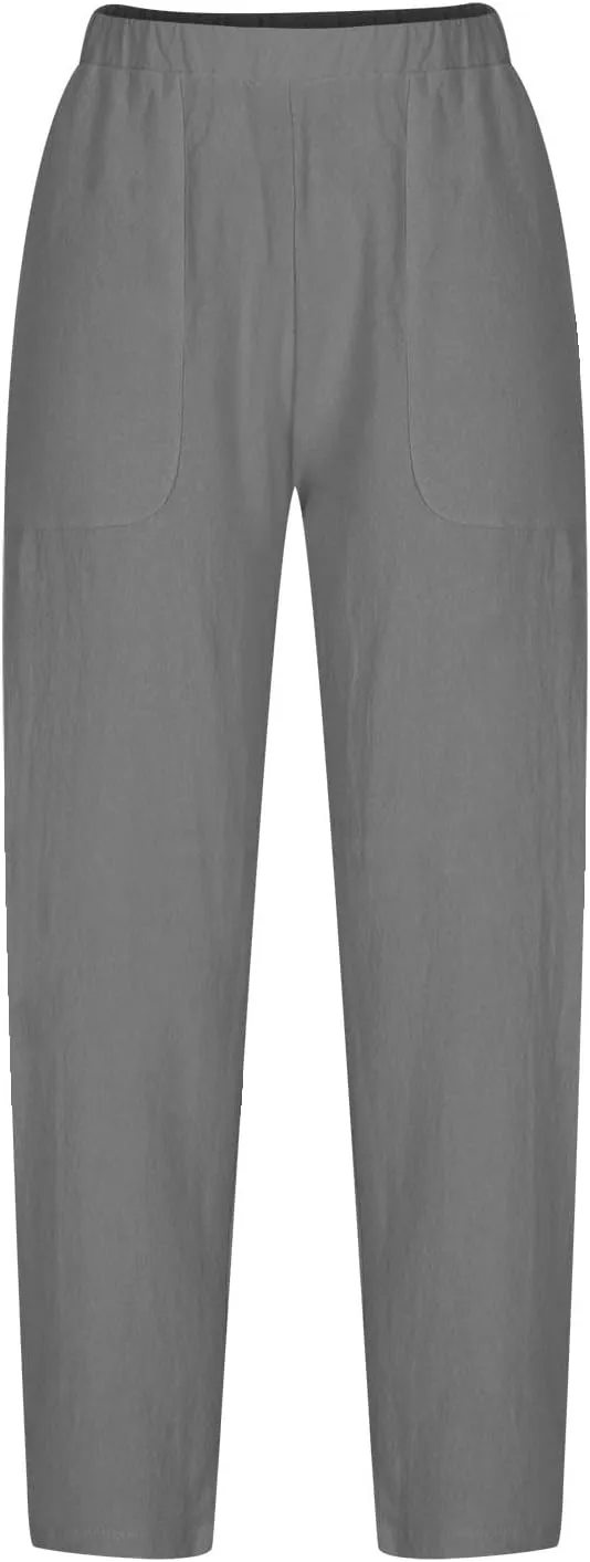 Womens Cotton Linen Harem Pants Lounge Elastic High Waist Trousers Summer Relaxed Fit Pant Solid Comfy Pockets Pants