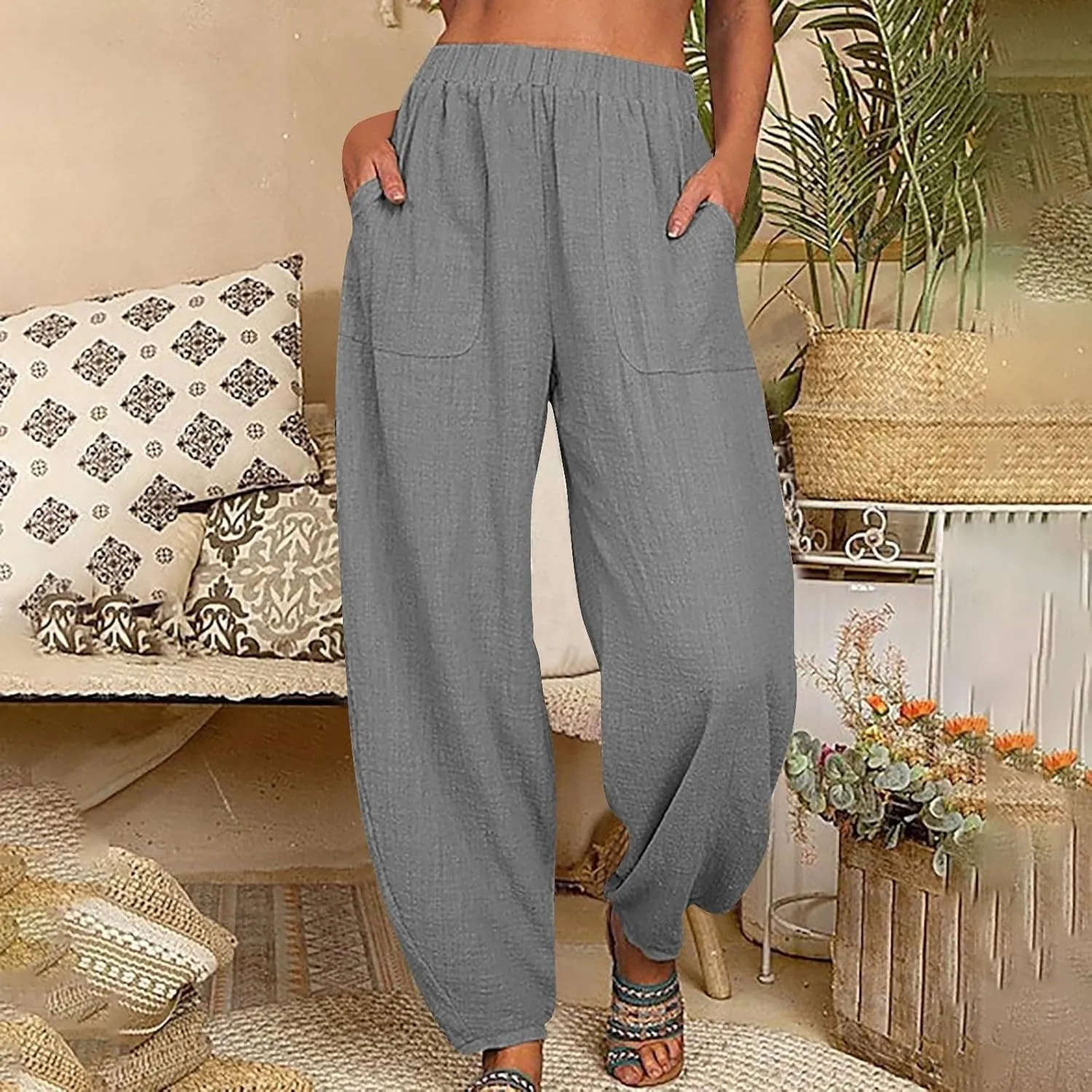 Womens Cotton Linen Harem Pants Lounge Elastic High Waist Trousers Summer Relaxed Fit Pant Solid Comfy Pockets Pants