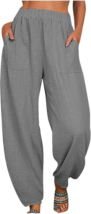 Womens Cotton Linen Harem Pants Lounge Elastic High Waist Trousers Summer Relaxed Fit Pant Solid Comfy Pockets Pants