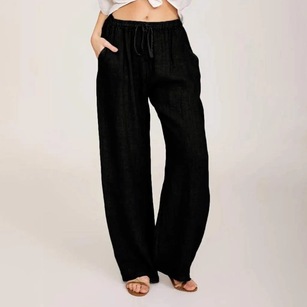 Womens Cotton Linen Pants Summer Casual Palazzo Pants Drawstring High Waist Harem Slacks Long Trousers with Pockets
