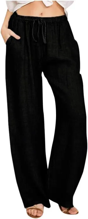 Womens Cotton Linen Pants Summer Casual Palazzo Pants Drawstring High Waist Harem Slacks Long Trousers with Pockets