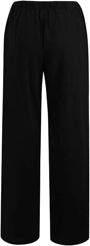 Womens Cotton Linen Pants Summer Casual Palazzo Pants Drawstring High Waist Harem Slacks Long Trousers with Pockets