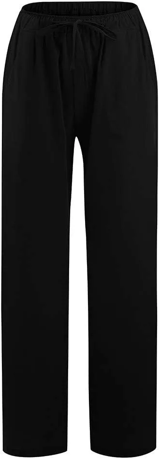 Womens Cotton Linen Pants Summer Casual Palazzo Pants Drawstring High Waist Harem Slacks Long Trousers with Pockets