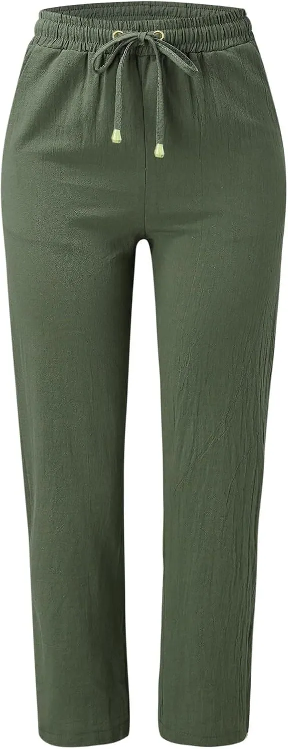 Womens Cotton Linen Summer Fashion Palazzo Pants Elastic Waisted Stretchy Slim Fit Trouser Work Business
