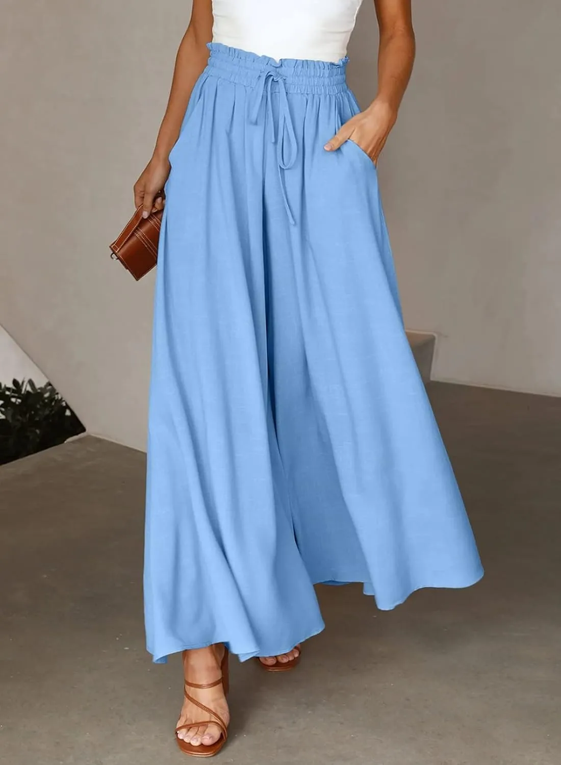Womens Cotton Linen Wide Leg Pants Casual Elastic Belt High Waist Wide Leg Pants with Pockets Palazzo Lounge Pant