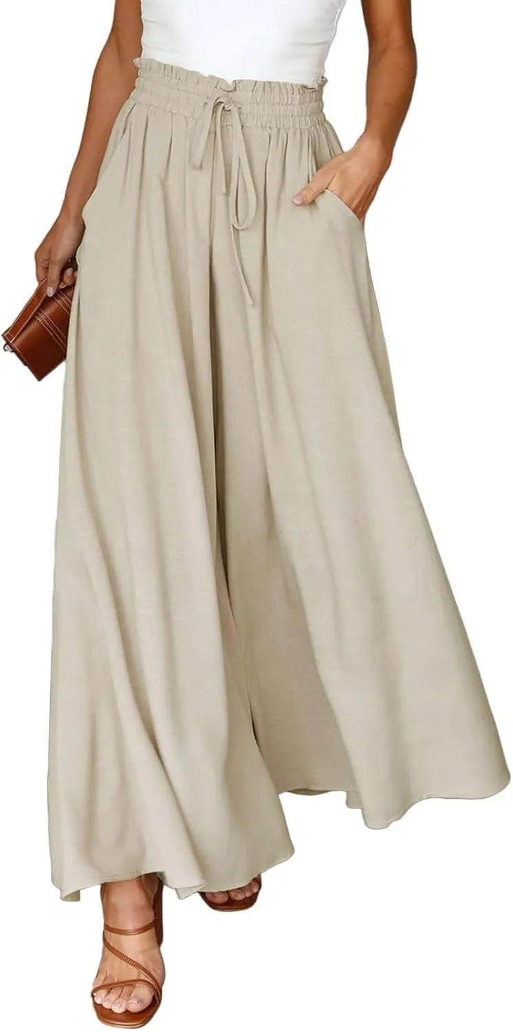 Womens Cotton Linen Wide Leg Pants Casual Elastic Belt High Waist Wide Leg Pants with Pockets Palazzo Lounge Pant