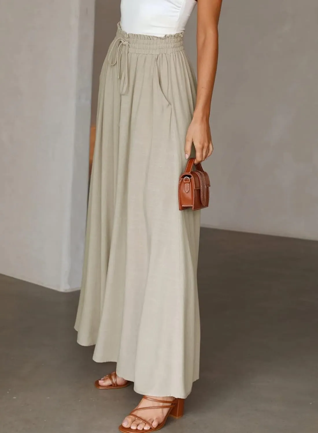 Womens Cotton Linen Wide Leg Pants Casual Elastic Belt High Waist Wide Leg Pants with Pockets Palazzo Lounge Pant