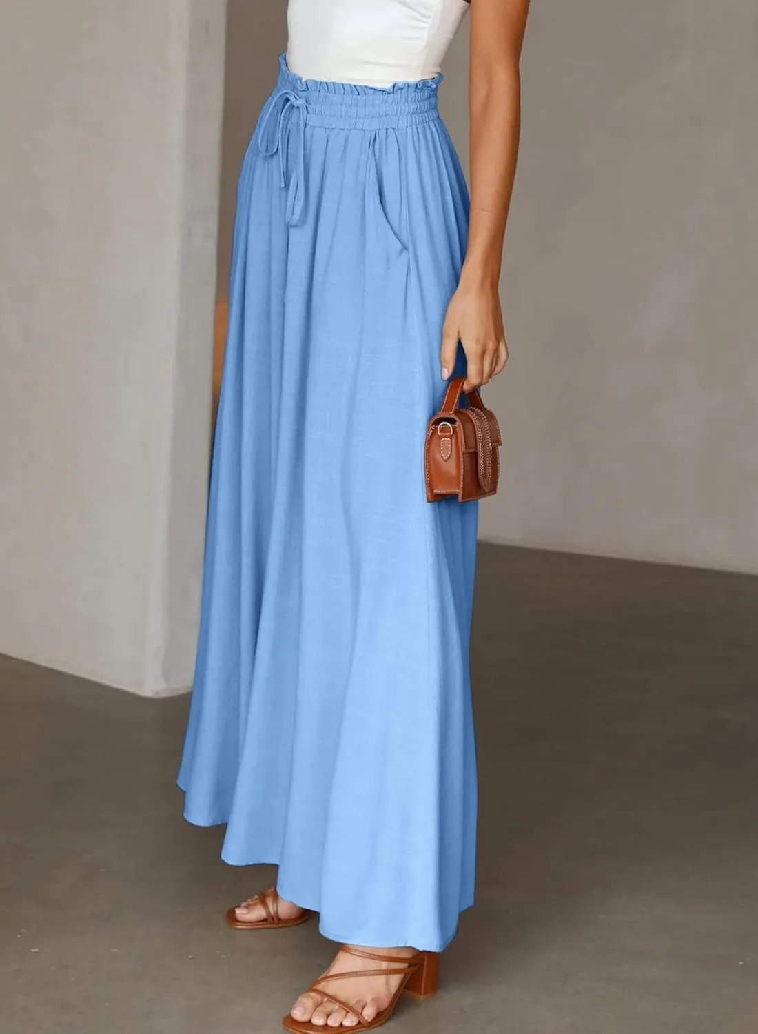 Womens Cotton Linen Wide Leg Pants Casual Elastic Belt High Waist Wide Leg Pants with Pockets Palazzo Lounge Pant