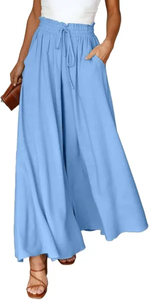 Womens Cotton Linen Wide Leg Pants Casual Elastic Belt High Waist Wide Leg Pants with Pockets Palazzo Lounge Pant