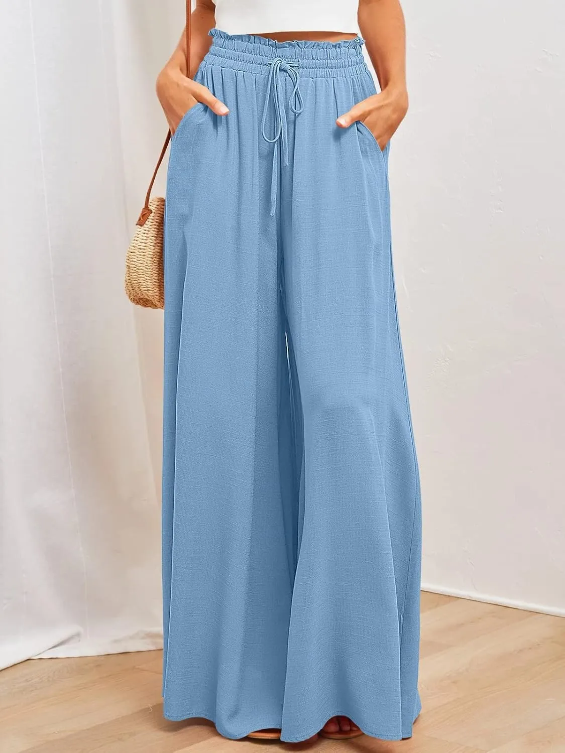 Womens Cotton Linen Wide Leg Pants Casual Elastic Belt High Waist Wide Leg Pants with Pockets Palazzo Lounge Pant