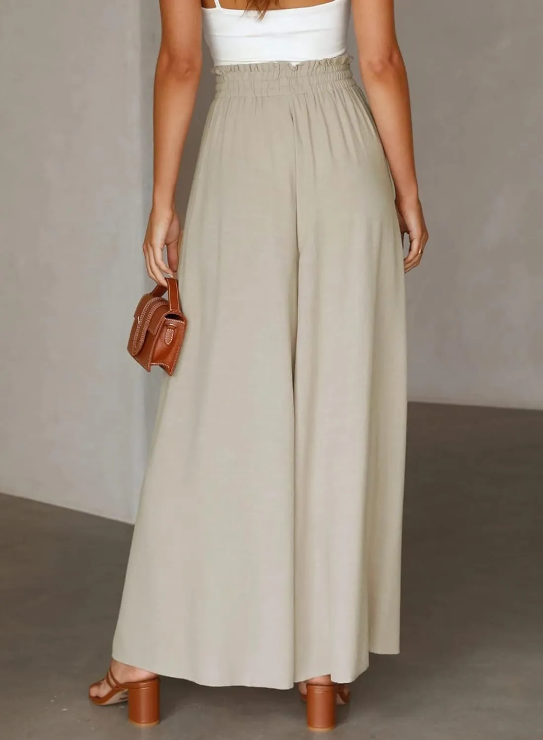Womens Cotton Linen Wide Leg Pants Casual Elastic Belt High Waist Wide Leg Pants with Pockets Palazzo Lounge Pant