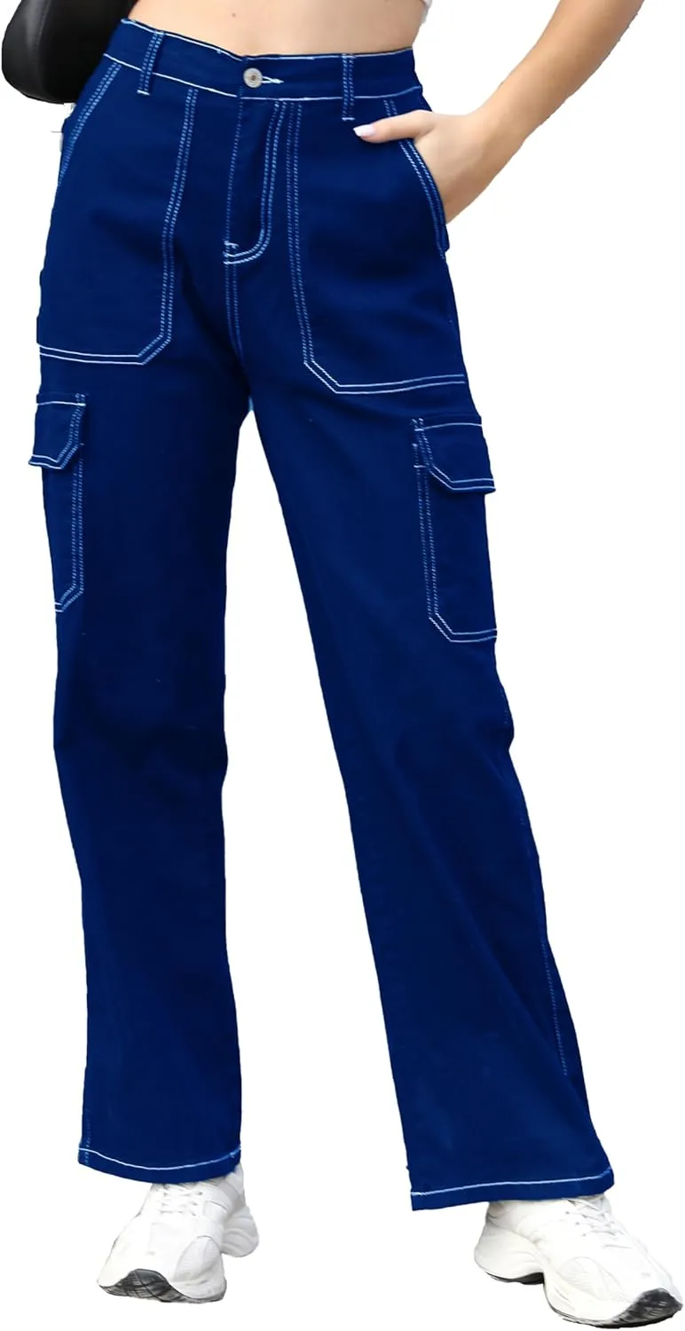 Womens Denim Cargo Pants Flap Pocket High Waisted Stretchy Straight Wide Leg Jeans