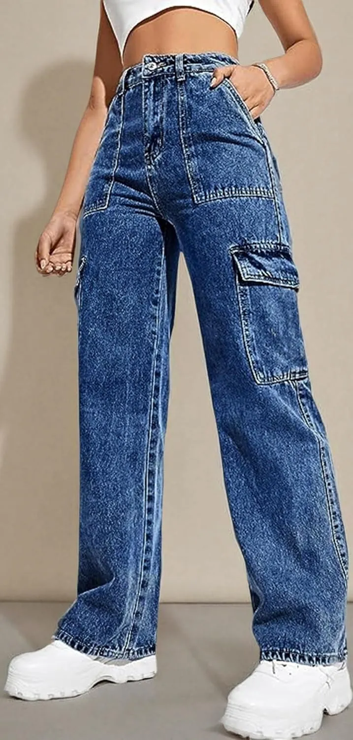 Womens Denim Cargo Pants Flap Pocket High Waisted Stretchy Straight Wide Leg Jeans